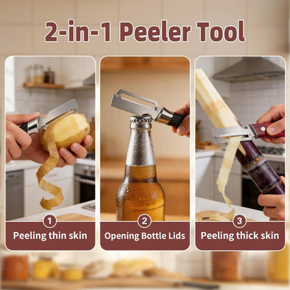 Multifunctional Vegetable Peeler, 3 in 1 Julienne Peeler with Wooden Handle, Vegetable Shredder with Bottle Opener Kitchen Tool for Peeling Veggie Fruit Pineapple Pumpkin Papaya Carrrot(2 Pack)