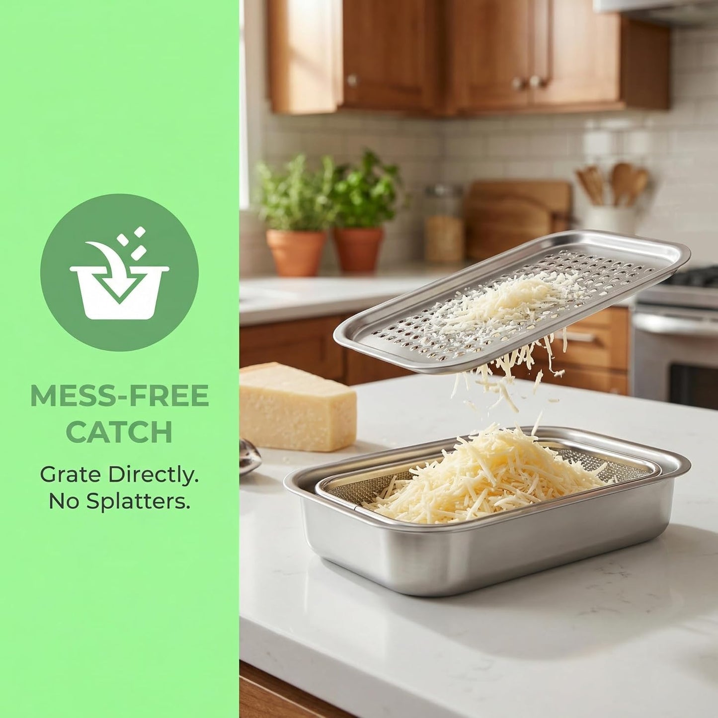 3 in 1 Box Grater with Container, Food-Grade 304 Stainless Steel Cheese Grater for Kitchen, Multi-Functional Cheese Shredder & Vegetable Grater with Flour Sieve