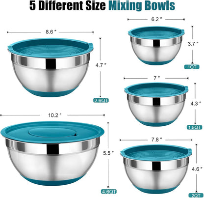 P&P CHEF Mixing Bowl with Lid Set, 5 Piece Stainless Steel Mixing Nesting Bowls for Salad Storage, 3 Grater Attachments & Non-Slip Bottoms, Size 1/1.5/2 / 2.6/4.6 QT, Multicolor