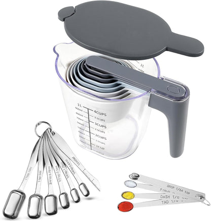 19 Pieces Measuring Cups and Spoons set, Includes 10 Stackable Measuring Cup with Lid and 9 Magnetic Measuring Spoons, Tablespoon for Liquid and Dry, BPA Free, Dishwasher Safe (Black)