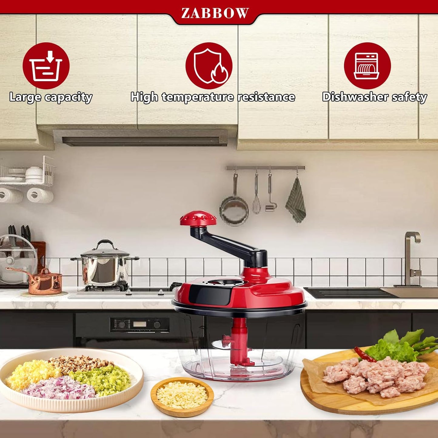 Manual Food Processor,8 Cup Hand Powered Crank Chopper,Mincer Blender with Clear Container,for Vegetables Meat Fruits Onions