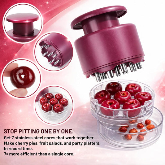 7 Hole Cherry Pitter, Upgraded Stainless Steel with Layer Separation (Fruit & Pit Separate), Anti-Splash Cover, Professional Multi-Cherry Remover for Baking, Kitchen Gadget (Red)