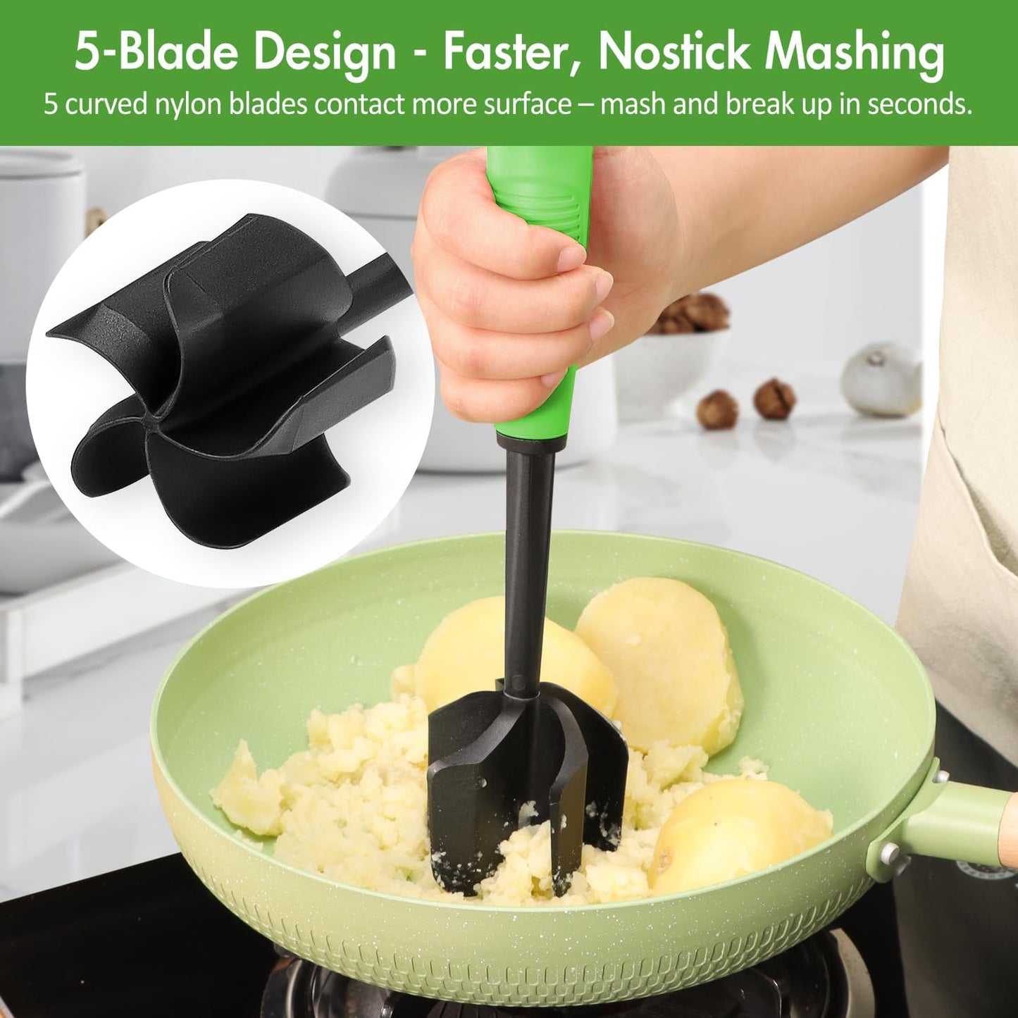 Ourokhome Meat Chopper and Potato Masher, Heat Resistant Nylon Ground Beef Smasher for Hamburger, 5 Curved Blades Nonstick Mixer & Stirrer, Practical Kitchen Gadgets, Black