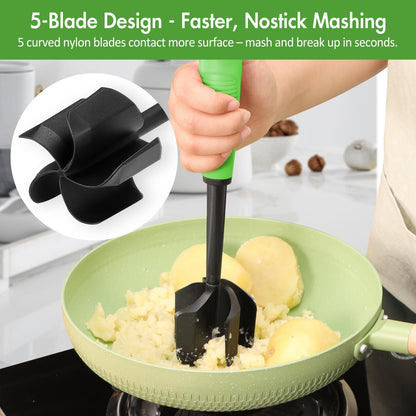 Ourokhome Meat Chopper and Potato Masher, Heat Resistant Nylon Ground Beef Smasher for Hamburger, 5 Curved Blades Nonstick Mixer & Stirrer, Practical Kitchen Gadgets, Black