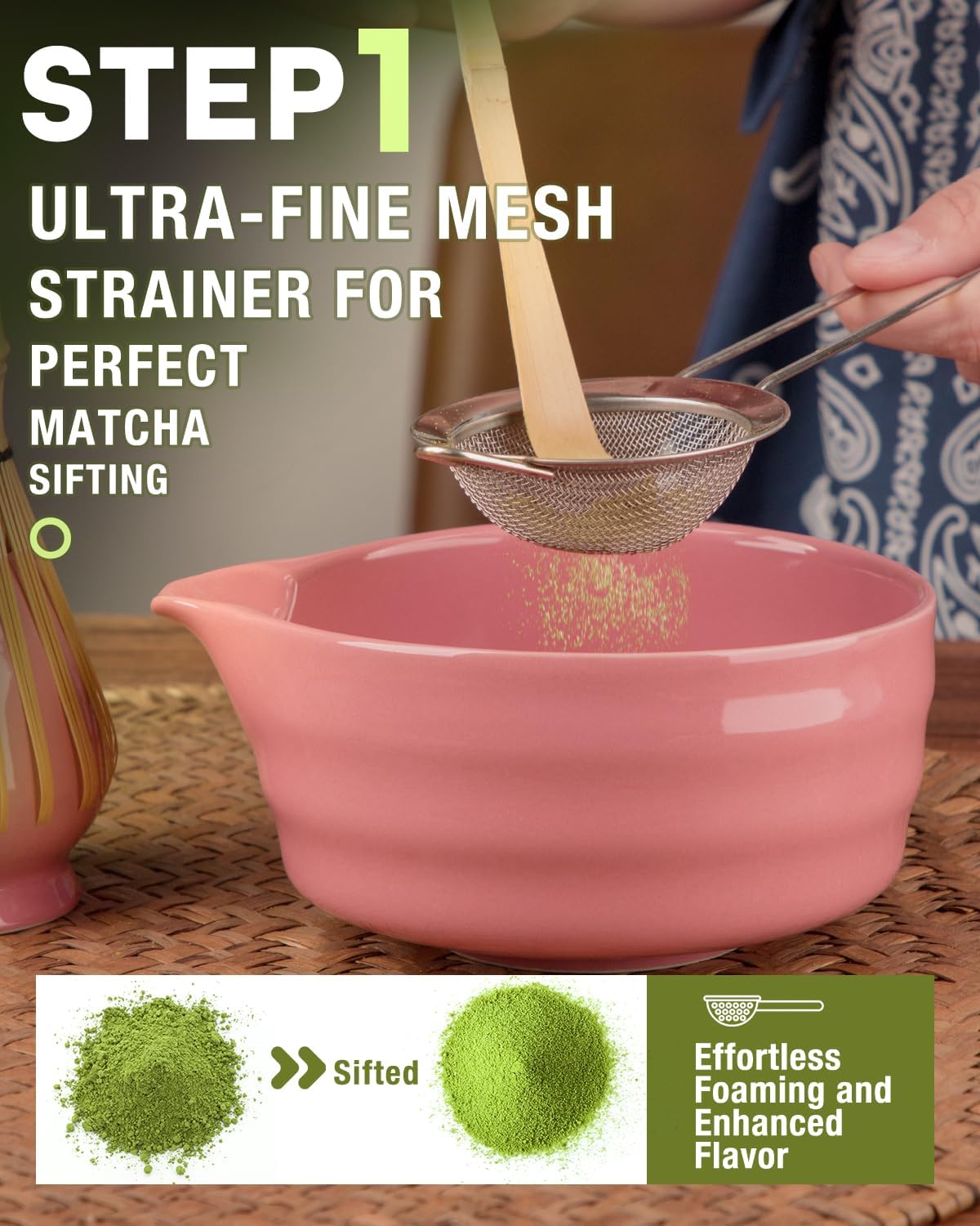 Matcha Whisk Set - 5PCS Matcha Set Includes 17OZ Chawan with Spout, Bamboo Chasen Whisk with Ceramic Holder, Matcha Scoop and Stainless Sifter, Matcha Kit for Ceremony, Gift for Matcha Lovers