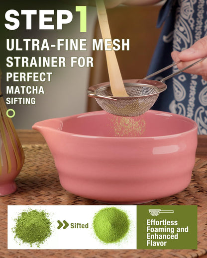 Matcha Whisk Set - 5PCS Matcha Set Includes 17OZ Chawan with Spout, Bamboo Chasen Whisk with Ceramic Holder, Matcha Scoop and Stainless Sifter, Matcha Kit for Ceremony, Gift for Matcha Lovers