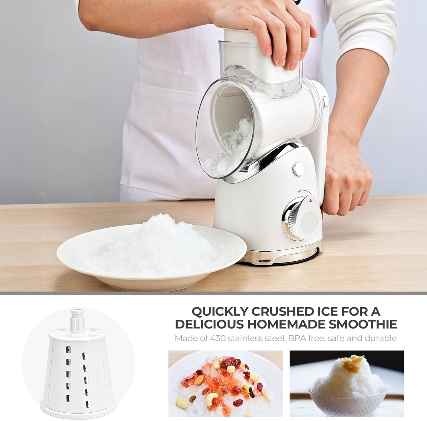SUSTEAS Rotary Cheese Grater with Handle,Vegetable Slicer with 6 Interchangeable Blades, Reinforced Suction,Easy to Clean,Kitchen Shredder for Crushed Ice,Fruits and Nuts with Blade Storage Case,White