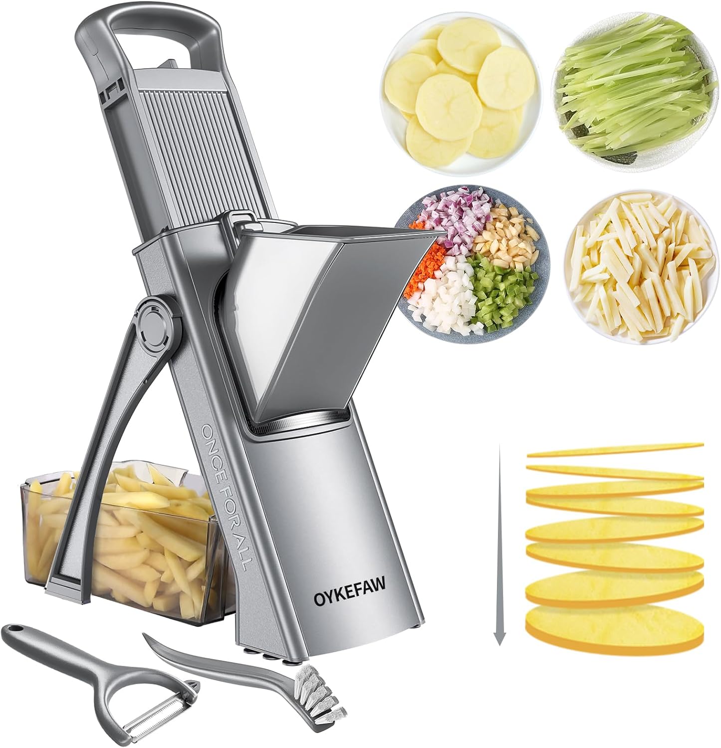 Safe Mandoline Slicer for Kitchen, 6 in 1 Vegetable Chopper, French Fry Cutter For Potatoes, Potato Slicer,Food Chopper,Adjustable Thickness 0.1-8 mm, With Peeler/Cleaning Brush (Black)