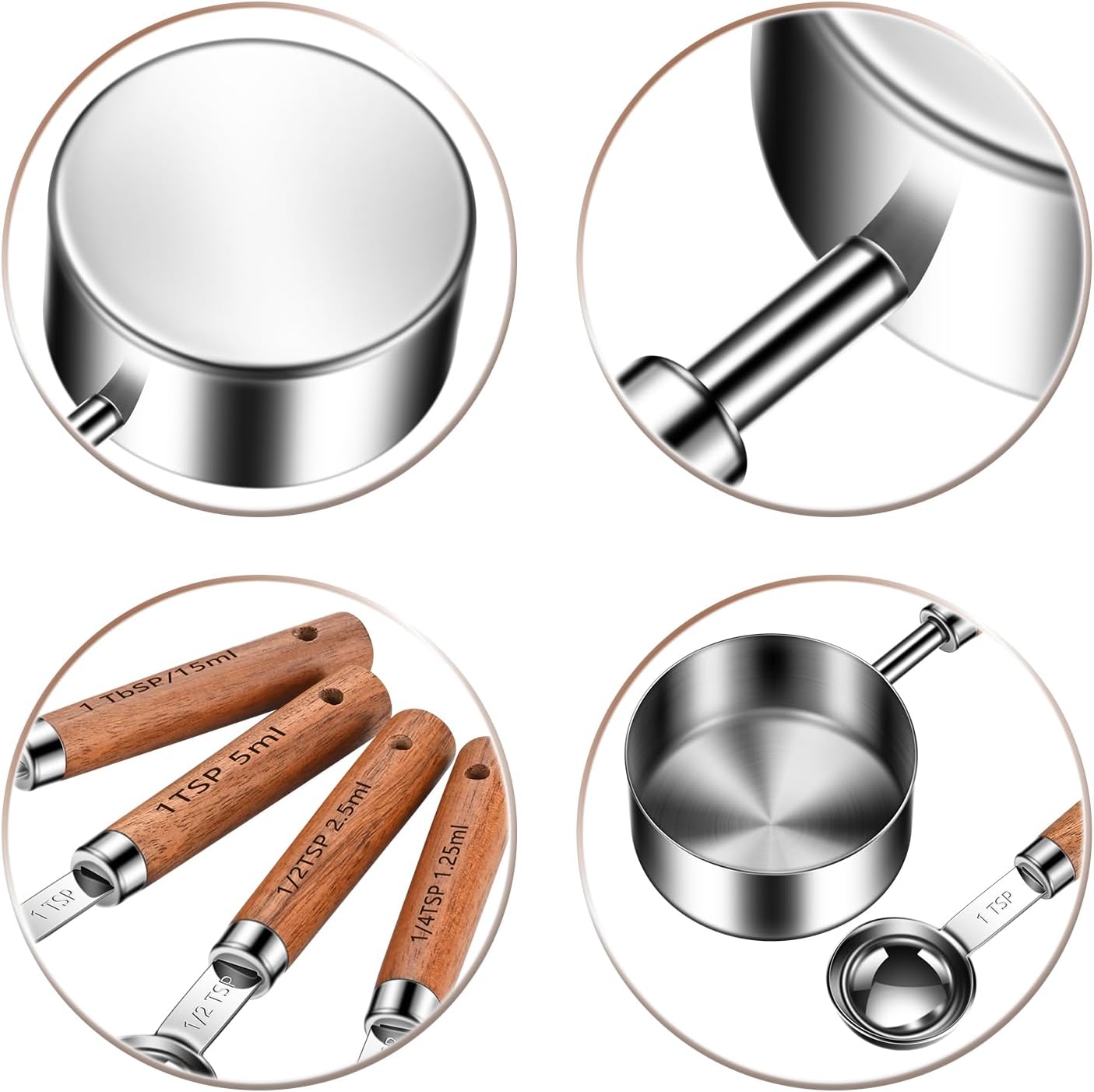 Wooden Handle Measuring Cups & Spoons Set 8-Piece – Stainless Steel, Stackable, Rustic Farmhouse Kitchen Gadgets, Non-Toxic, Dishwasher Safe, Gift for Bakers & New Homeowners