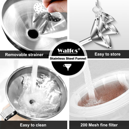 Stainless Steel Funnel, Walfos 3 Pack Kitchen Funnel with 2 Removable Strainer ＆ 1Pcs Cleaning Brush, Perfect for Transferring of Liquid, Oils, Jam, Dry Ingredients & Powder