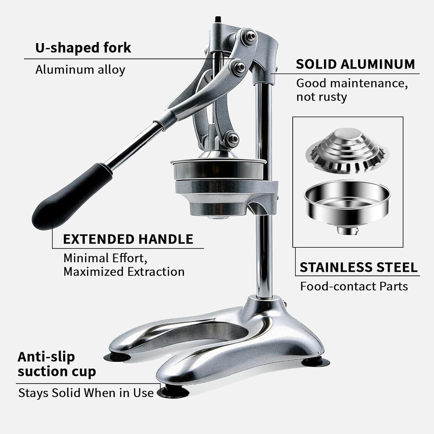 Cast Iron Manual Juicer, Full 304 Stainless Steel, Gravity Press Lever, Effortless Hand Press Juicer for Citrus Lemon Lime Grapefruit, Easy to Clean with Wide Stable Base (Silver)