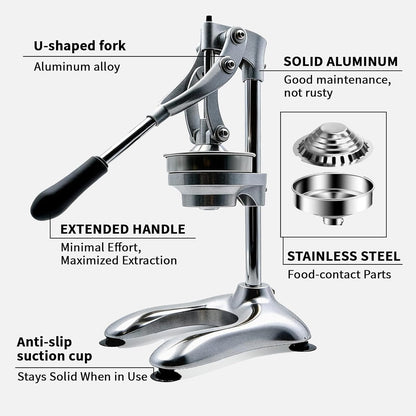 Cast Iron Manual Juicer, Full 304 Stainless Steel, Gravity Press Lever, Effortless Hand Press Juicer for Citrus Lemon Lime Grapefruit, Easy to Clean with Wide Stable Base (Silver)