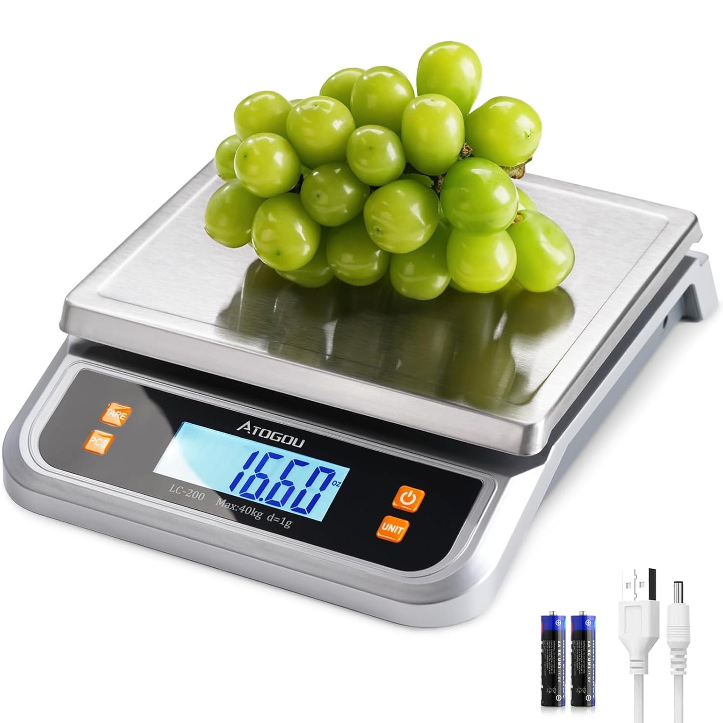 Atogou 88lb Commercial Digital Kitchen Scale 40kg/1g, with 6 Units Conversion, Stainless Steel, LCD Display, AA Battery or Plug-in Use for Baking, Bread, Cooking, Meat LC200 Grey