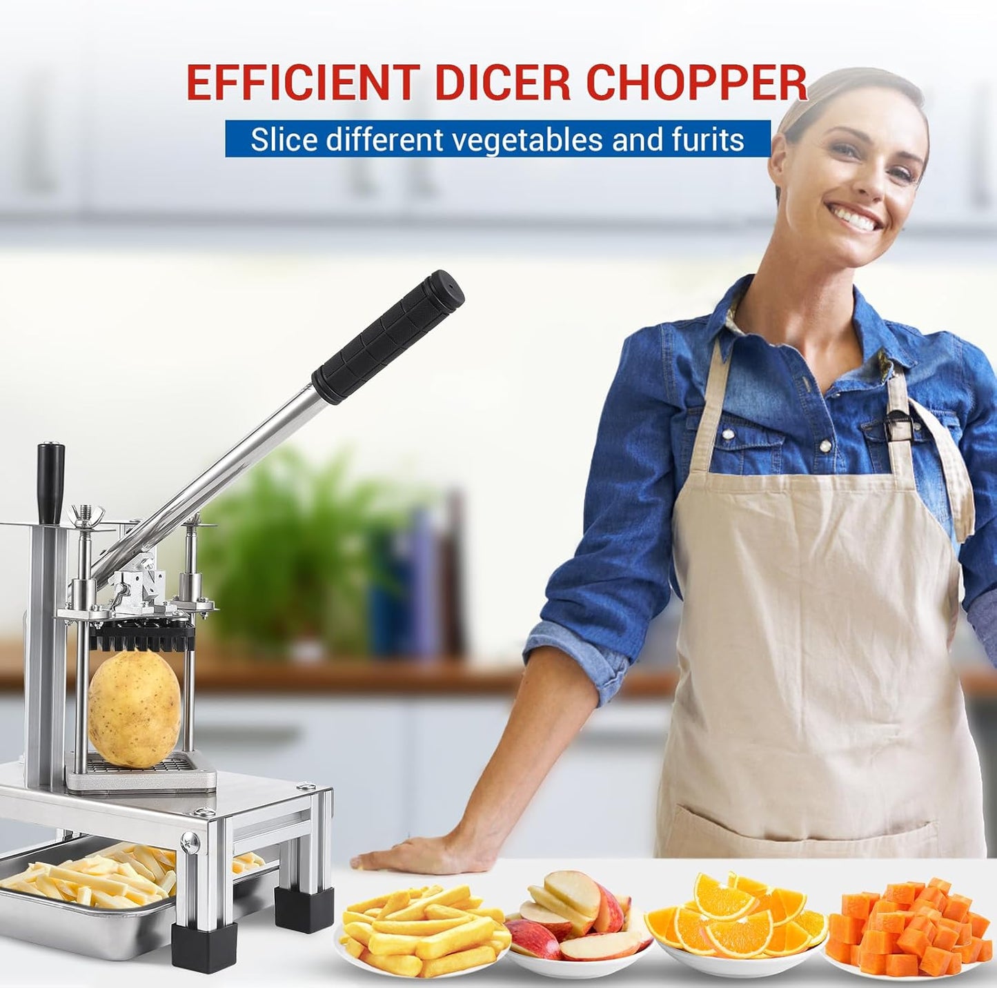 GarveeHome Commercial French Fry Cutter Vegetable Fruit Chopper with 4 Replacement Blades Stainless Steel Vegetable Dicer Fruit Slicer for Onion Potato Carrot Tomato