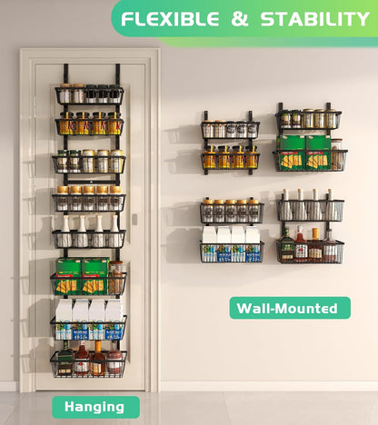 Mefirt White 9-Tier Over The Door Pantry Organizer, Pantry Organization and Storage, Deep Baskets Hanging Heavy-Duty Metal, Wall Spice Rack Seasoning Shelves for Home & Kitchen, Laundry Room Bathroom