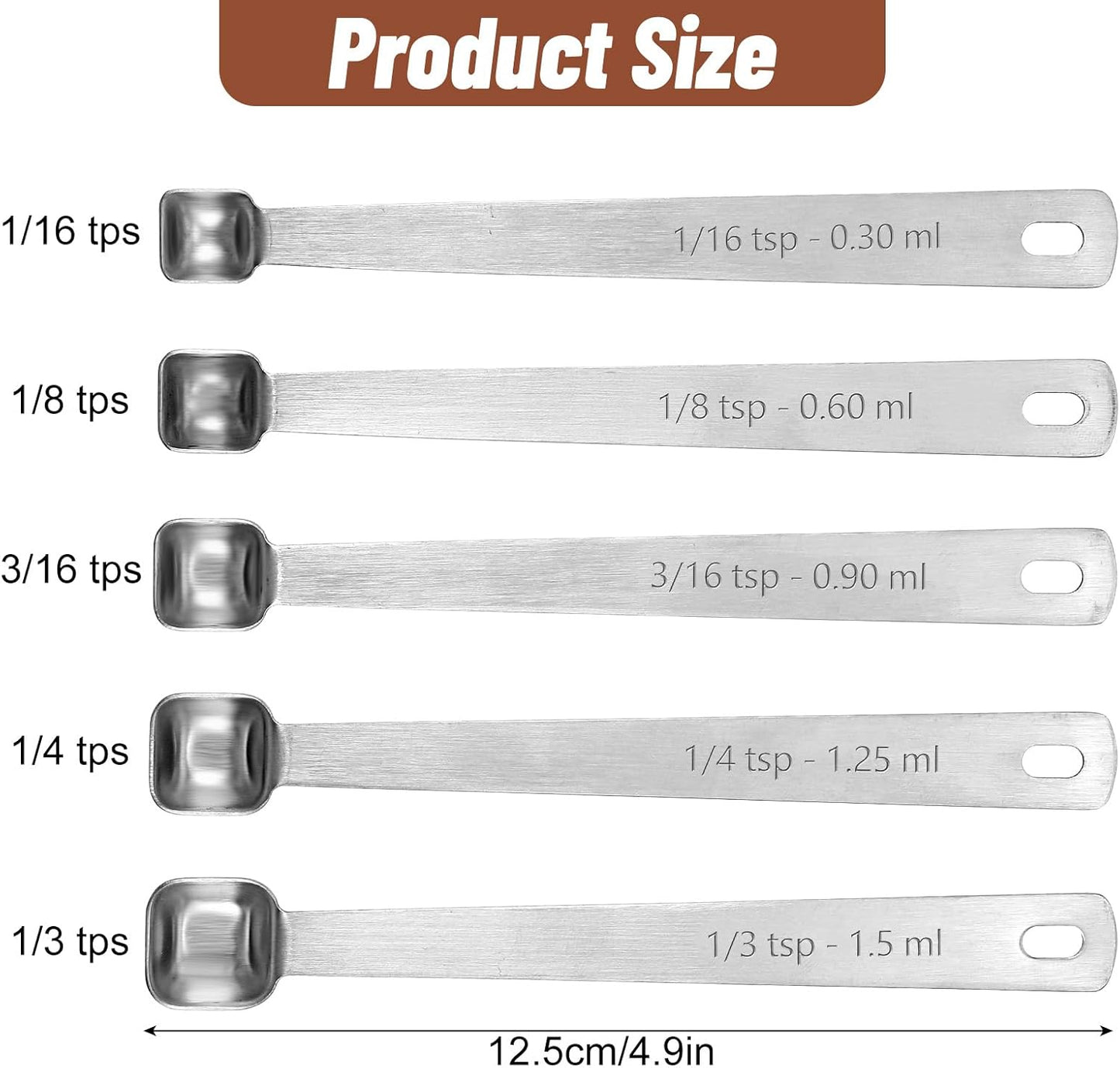 5PcsTeaspoon Measuring Spoons, 1/3, 1/4, 1/8, 1/16, 3/16 tsp, Mini Measuring Spoon, Square Bowl Measure Spoon Set, Small Stainless Steel Teaspoon for Measure Small Amount of Dry & Liquid Ingredients