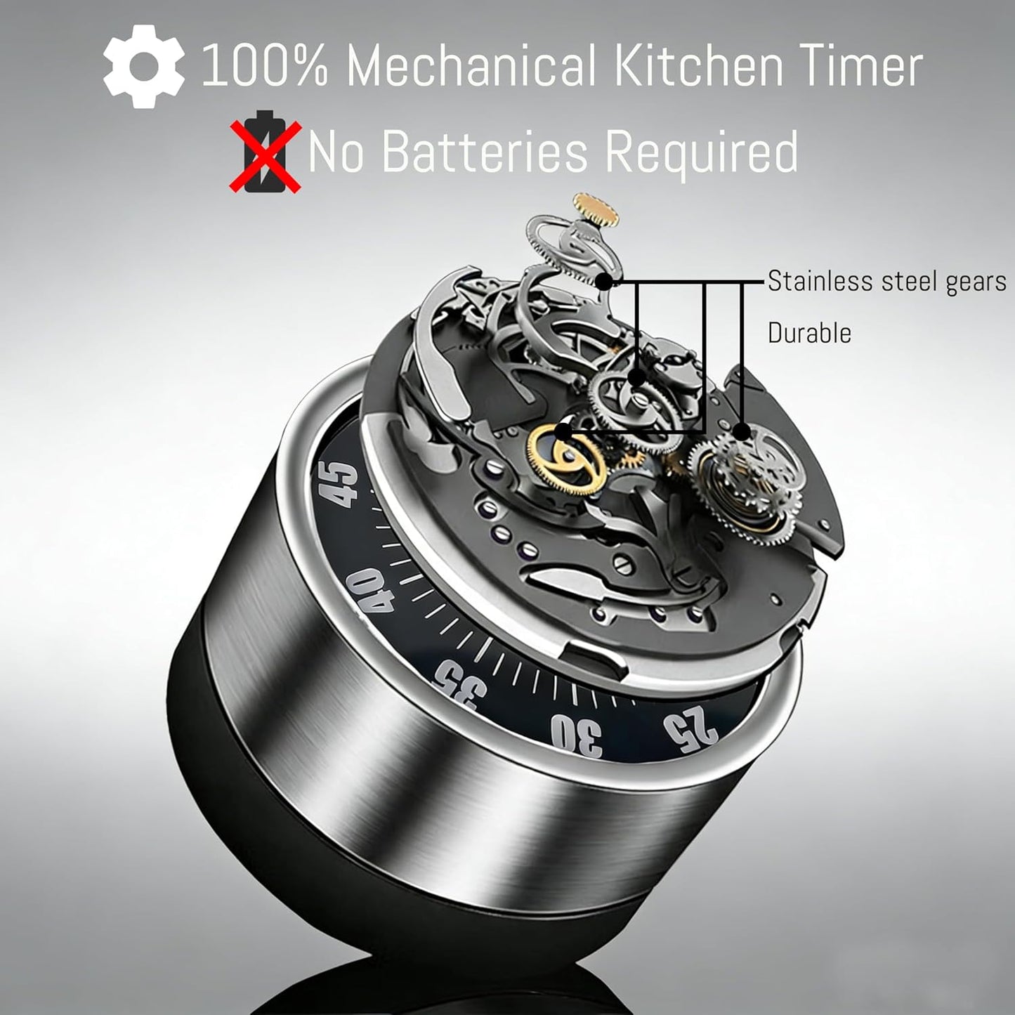 Kitchen Magnetic Visual Cooking Mechanical Timer with Loud Alarm, No Batteries Required, Stainless Steel, Countdown 60 Minute Wind Up Timer for Study, Chef, Teacher, Office (White)