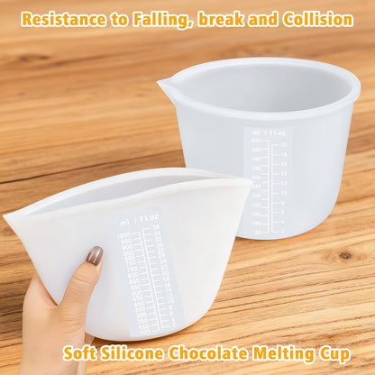 Palksky Silicone Chocolate Melting Cup Set with 4 Silicone Measuring Cups (250ml & 350ml) and 4PCS Heat-Resistant Jar Spatulas, Non-Stick Baking Tools for DIY Chocolate, Butter & Cream Mixing