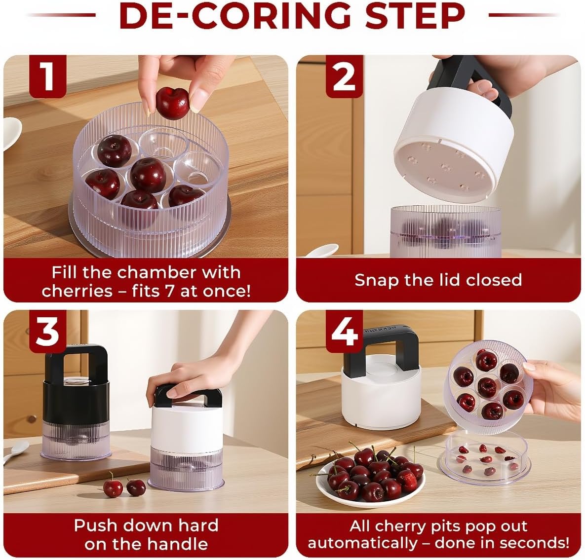 Cherry Pitter Tool - 7-in-1 Multiple Cherry Corer with 1.5" Extra Large Slots for Jumbo Cherries, Olive Pitter, Transparent Pit Container, Dishwasher Safe, Anti-Splash Design