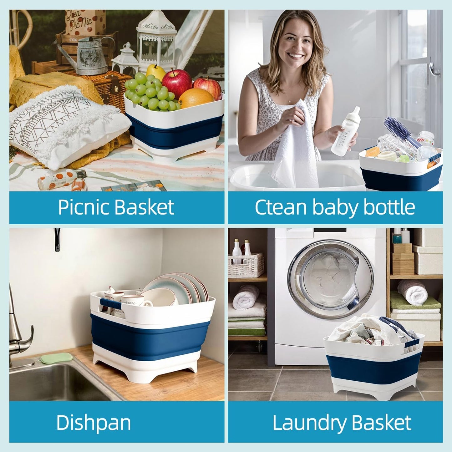 2.6 Gal/10L Collapsible Wash Basin with Drain Plug, Portable Foldable Dish Tub, Large Capacity Space-Saving Sink for Baby Bottles, RV, Camping, Kitchen, Travel & Outdoor Use