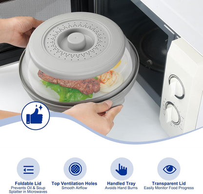 10.7 Inch Microwave Food Cover with Heat Insulation Mat, Anti-Scald Collapsible Microwave Splatter Cover, Multi-Functional as Colander & Fruit Plate, Dishwasher Safe, Ideal for Meal Prep (Gray)