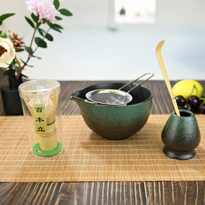 Matcha Whisk Set,Matcha Set Includes Ceramic Bowl with Spout,Stainless Sifter,Scoop,Whisk and Holder,Complete 5 Pcs Japanese Matcha Kit Making Tools,Green
