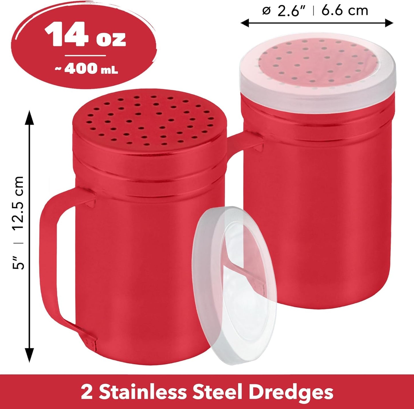 CUSINIUM Metal Salt Pepper Dredge Shakers - With Handle - Seasonings Spice Shakers With Holes and Lids - 10 Ounce, 2pcs | Style: Medium