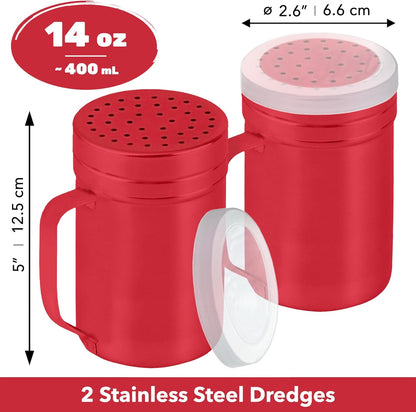 CUSINIUM Metal Salt Pepper Dredge Shakers - With Handle - Seasonings Spice Shakers With Holes and Lids - 10 Ounce, 2pcs | Style: Medium