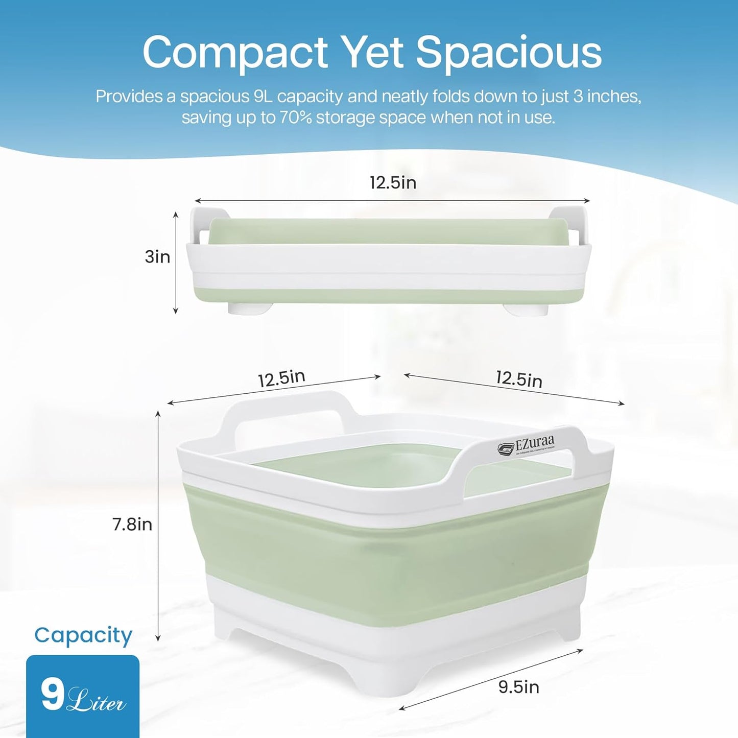 EZuraa 2.4 gal(9L) Gray Collapsible Dish Basin, Portable Sink or Dish Pan for Kitchen Sink with Drain Plug/Strainer, Space Saving Baby Bottle Wash Basin Collapsible Bucket, Beverage Tub for Camping