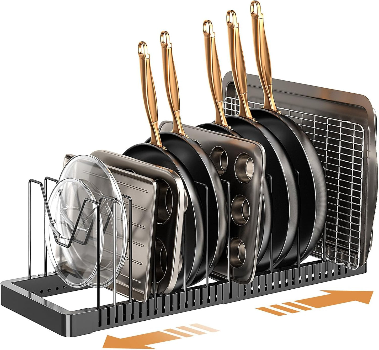 PanPanPal Pots and Pans Organizer under Cabinet, Expandable Pot Lid Organizer Holder with 10 Adjustable Compartment, Pan Organizers inside Cabinet for Lids, Bakeware, Kitchen Storage Pot Rack, Black