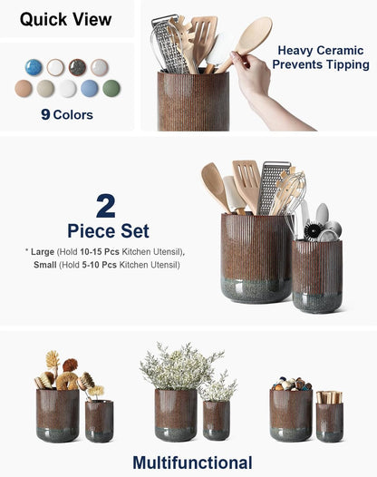 LE TAUCI Utensil Holder for Kitchen Counter, 7.3"+5.4" Fluted Ceramic Utensil Crock Organizer for Countertop, Heavy Large Holder for Spatulas, Spoons, Set of 2, White, Kitchen Counter Decor