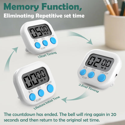 GeeRic Kitchen Timers 4 Pack, Electronic Timers with Loud Alarm for Cooking, Magnetic Digital Timers Big LCD Display Blue Green Pink White (No Battery Included)