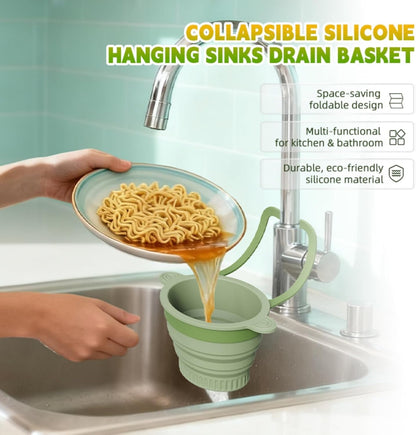 Silicone Faucet Hanging Strainer, Collapsible & Foldable Drain Basket for Sink, Hanging Food Catcher with Faucet Clip, Easy Storage Vegetable Fruit Colander
