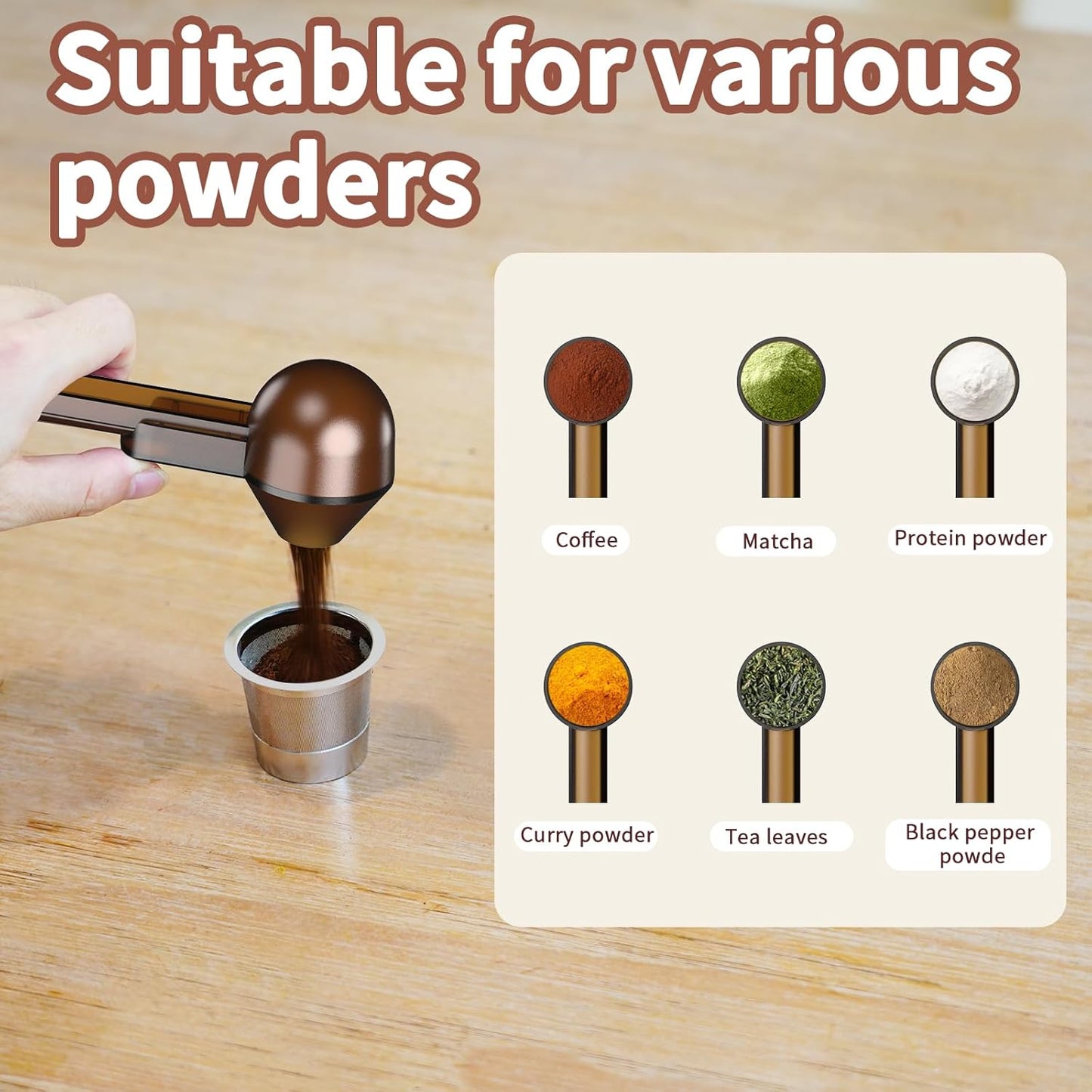 Coffee Scoop with Funnel for Ground Coffee, Protein Powder & Tea, for Reusable K Cup Refiller, 2TBSP Mess-Free, Funnel Design Prevents Spills (Black, 1-Pack)