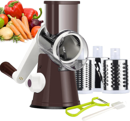 Ourokhome Rotary Cheese Grater Hand Crank, Kitchen Shredder Speed Mandolin Slicer Nut Grinder with Handle and Drum Blades for Cheese, Vegetable, Walnut, Chocolate, Potato, Carrot, 3 Blades, Dark Blue