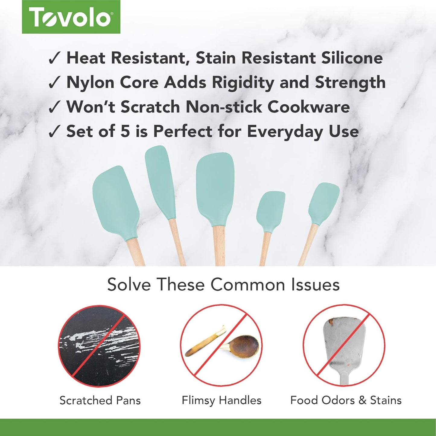 Tovolo Silicone Spatula with Wooden Handle Set of 5 Piece Silicone Kitchen Utensil Set Spoonula Jar Scraper Mini Spatula and Spoonula for Cooking Baking Mixing Folding Black Cookware Set
