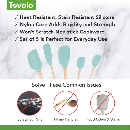 Tovolo Silicone Spatula with Wooden Handle Set of 5 Piece Silicone Kitchen Utensil Set Spoonula Jar Scraper Mini Spatula and Spoonula for Cooking Baking Mixing Folding Black Cookware Set
