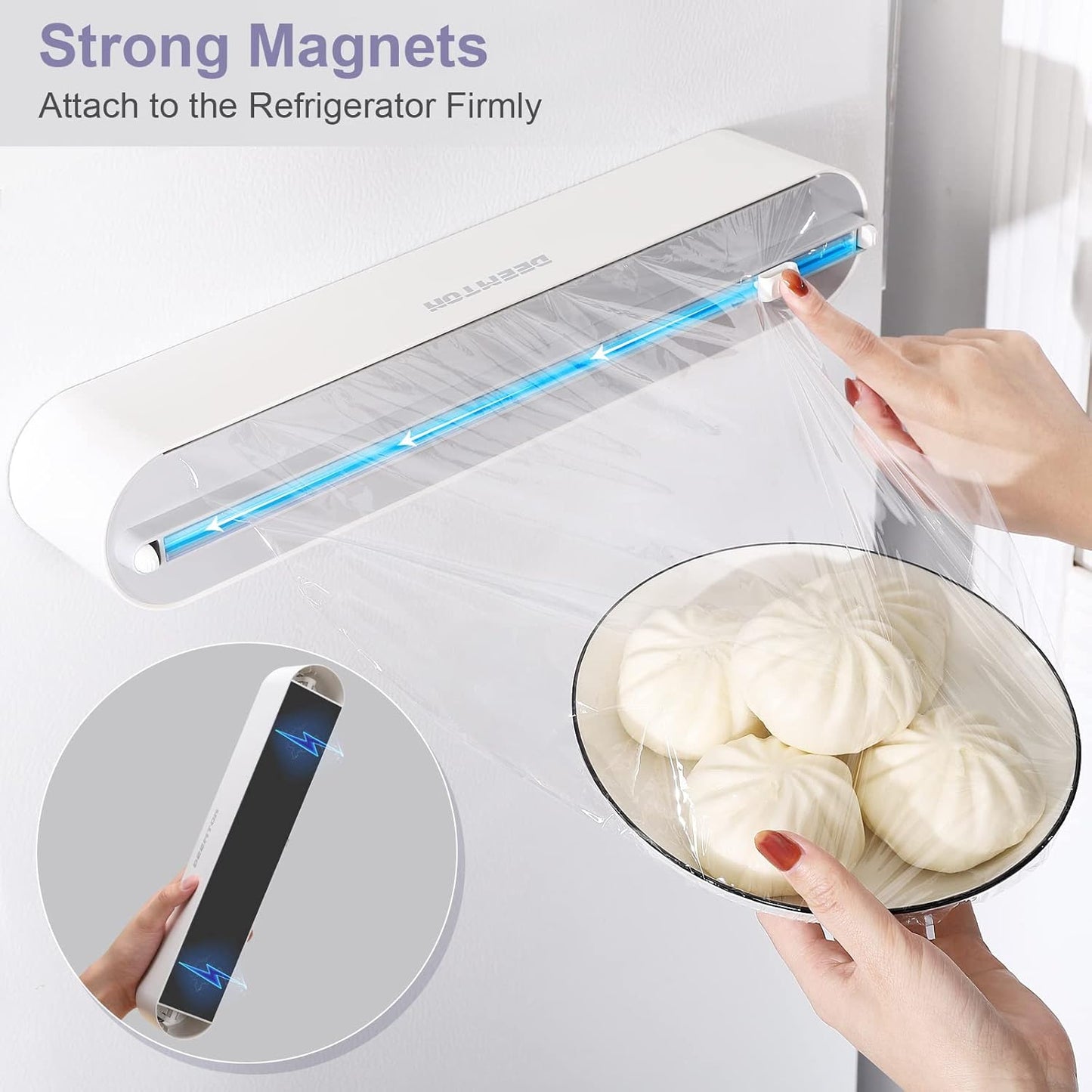 Plastic Wrap Dispenser with Cutter,Plastic Food Wrap Dispenser with Slide Cutter Refillable Cling Film Dispenser with 250' of Professional BPA Free Cling Film.