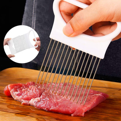 YVPSI 4pcs Onion Holder Slicer with Cover Stainless Steel Onion Cutter Vegetable Chopper Tomato Potato Slicer Cutter Food Slicer Assistant Tool for Tomato Lemon Avocados Vegetables Fruit and Meat