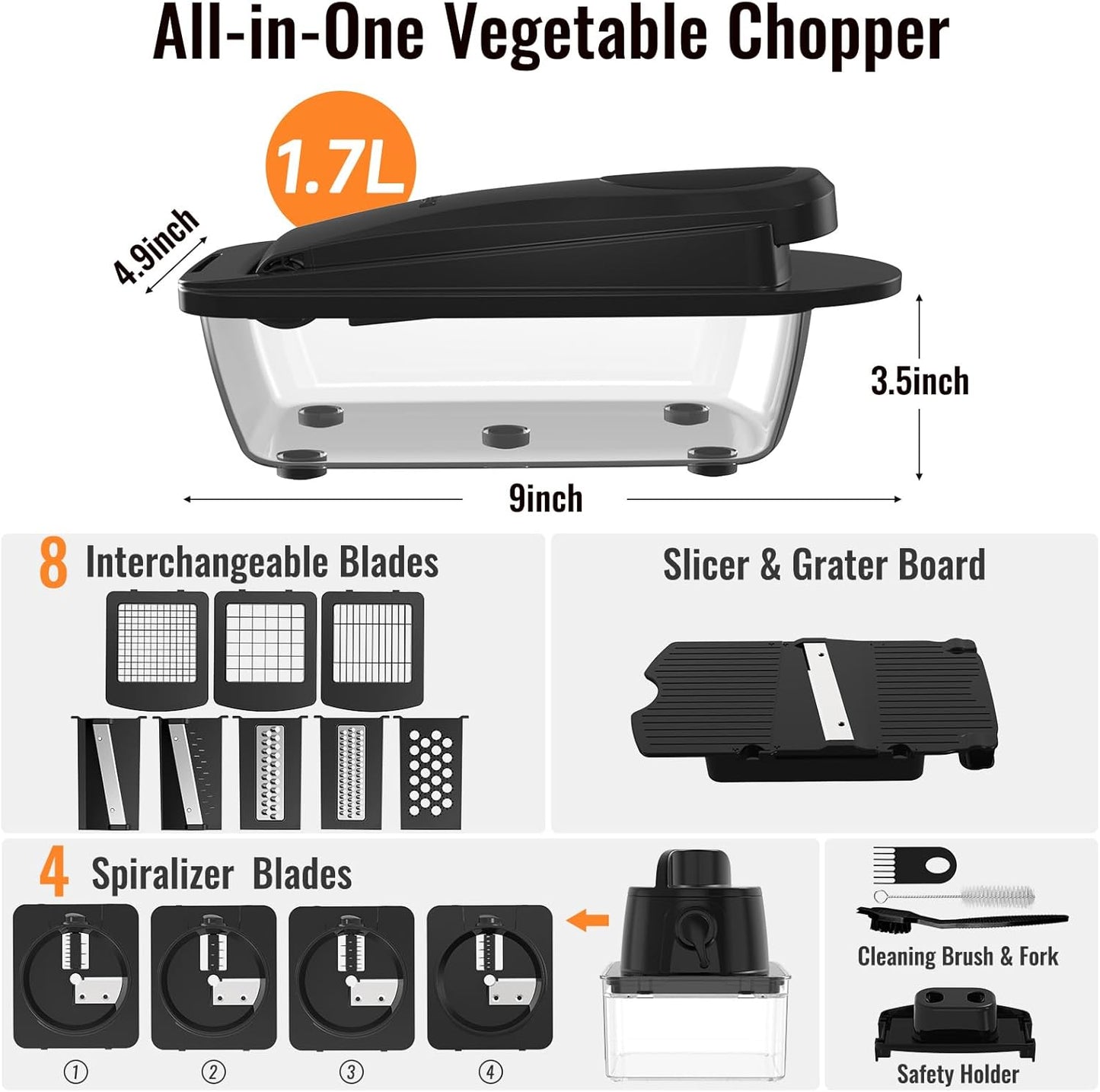 12 Blade All-in-1 Vegetable Chopper Mandoline Slicer with Container, Spiralizer with Containers, Food Chopper, Onion Chopper, Veggie Cutter for Salad, Kitchen Gadgets Accessories Essentials, White