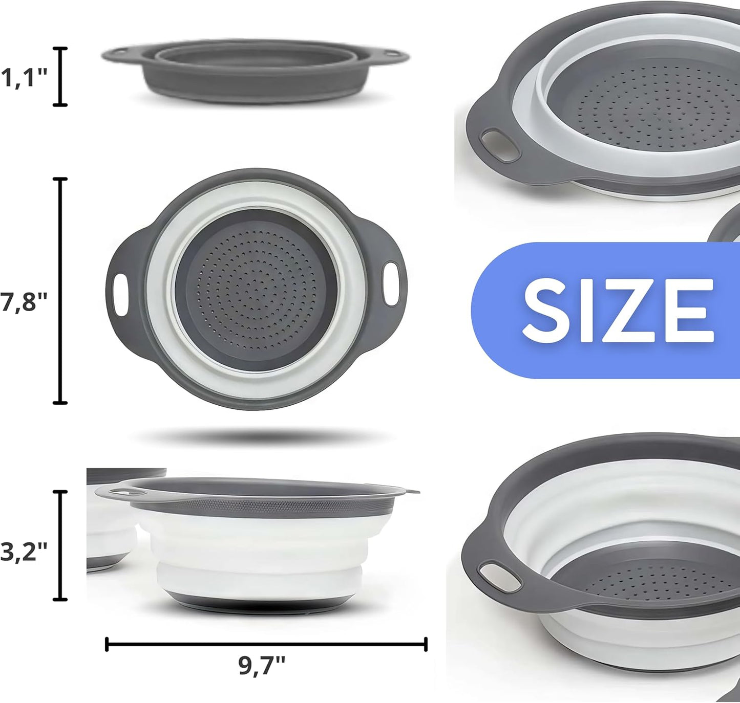 Green Kitchen Strainer Colander Set - 2 PCS Multifunctional Colander Silicone Food Strainers for Kitchen for Pasta and Spaghetti Collapsible with Plastic Handles