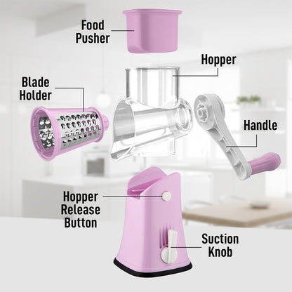 Zulay Kitchen Rotary Cheese Grater 5 Blade Cheese Shredder - Manual Hand Crank Cheese Grater With Reinforced Suction & 5 Interchangeable Drums - Easy to Use, Vegetable Chopper Round Mandoline Slicer - Colors B