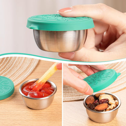 MICEBAY 8-Pack Salad Dressing Container To Go, 2-oz Silicone Small Condiment Squeeze Bottles and 1.6 oz Stainless Steel Sauce Containers Cups, Leakproof Condiment Containers with Lids for Lunch Box