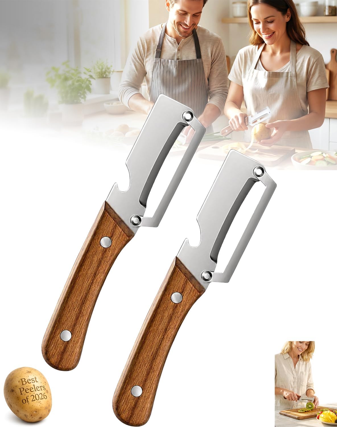 Precision Peeler Pro Heavy Duty Vegetable Peeler, 420 Stainless Steel 2.5mm Thick Blade, Julienne Peeler with Wood Handle & Bottle Opener for Hard Produce (A+B)