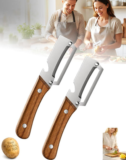 Precision Peeler Pro Heavy Duty Vegetable Peeler, 420 Stainless Steel 2.5mm Thick Blade, Julienne Peeler with Wood Handle & Bottle Opener for Hard Produce (A+B)