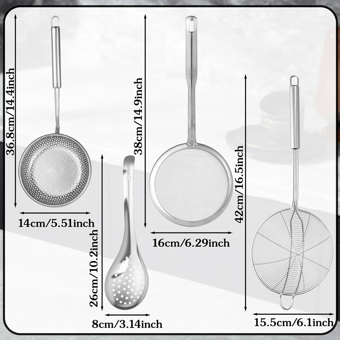 4 Pieces Spider Strainer Skimmer Spoon Set, Fine Mesh Strainer and Fat Skimmer Spoon Set, Stainless Steel Metal With HoleSieve Food Strainers with Hanging Holes, for Cooking, Fat, Grease, Floating Foa