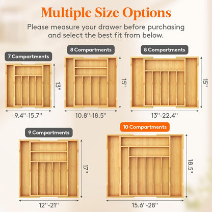 Lifewit Silverware Drawer Organizer, Expandable Utensil Tray for Kitchen, Flatware and Cutlery Holder, Wood Adjustable Storage for Spoons Forks Knives, 13-22x15/ 33-56x38cm, Natural