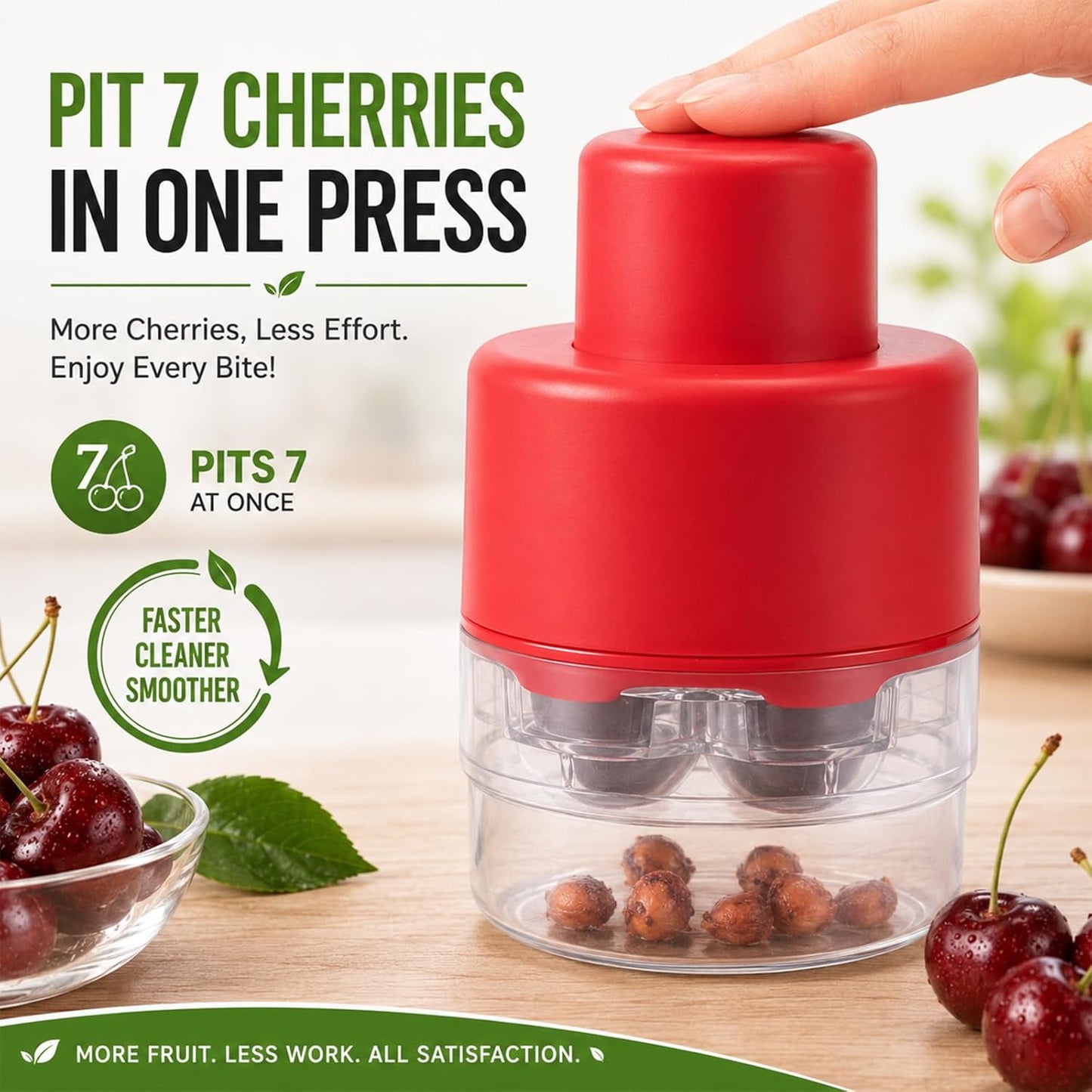 CUNSENR 7-in-1 Cherry Pitter Tool for 7 Cherries at Once, Large Capacity Cherry Corer & Cherry Seed Remover with Splash Guard, Easy Push Fruit Pitter for Cherries, Olives, Red Dates, Red