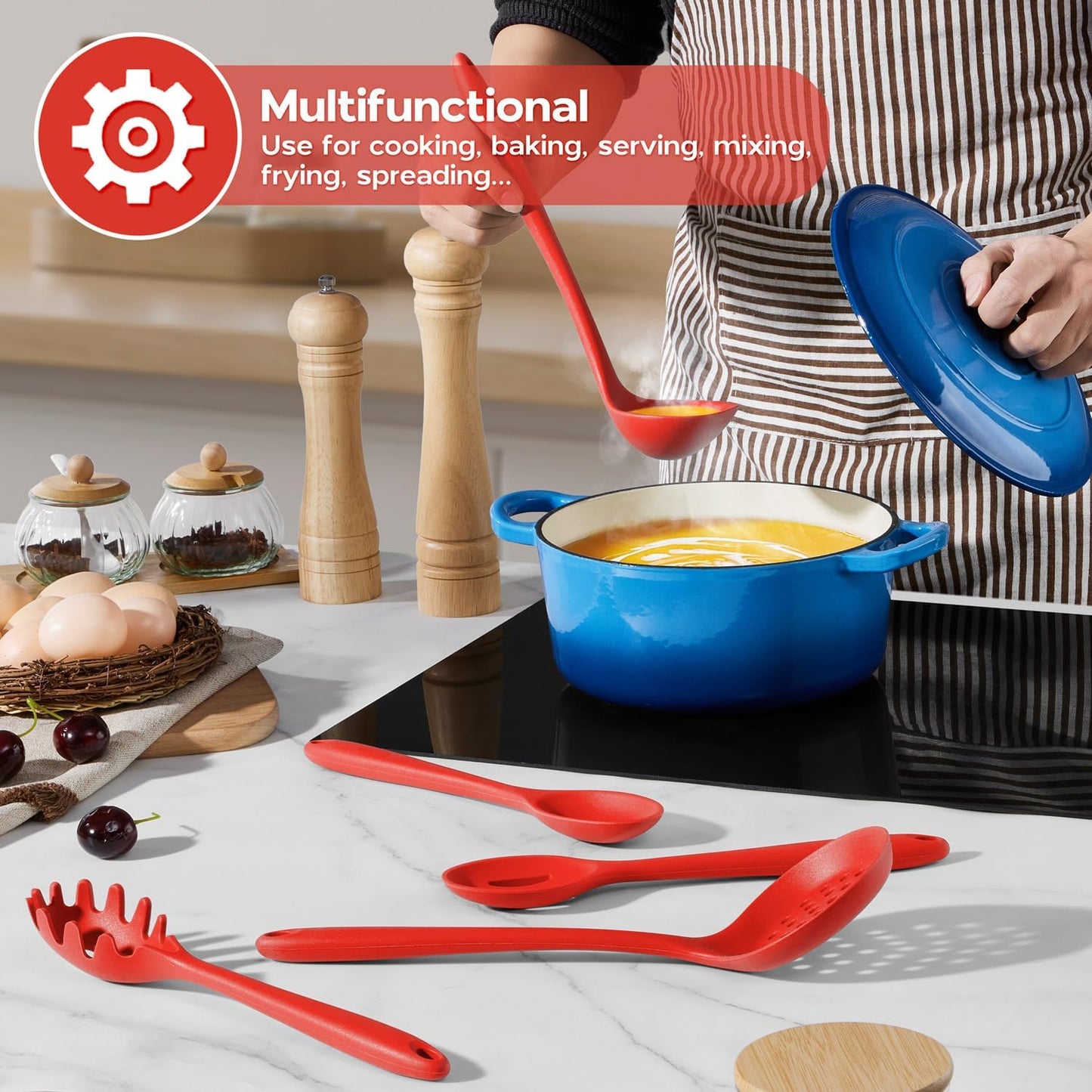 Onader Silicone Cooking Utensils Set of 10, Kitchen Utensils for Nonstick Cookware, Heat Resistant & Nontoxic Spatula Set- Khaki
