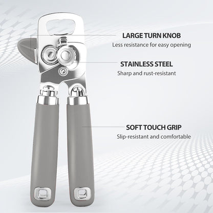Safring Can Opener Manual, Heavy Duty Stainless Steel Smooth Edge Can Openers With Soft Touch Handle, Oversized Handheld Easy Turn Knob, Multi-Function Bottle Opener, Black